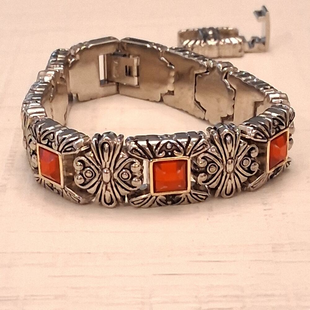 Silver Tone Vintage Style Bracelet with Red Rhinestones